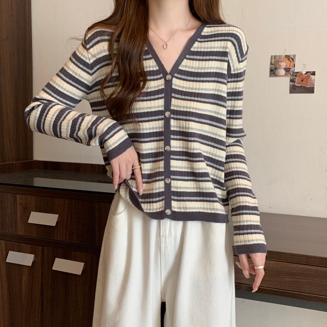 Long Sleeve Color Block Striped V-Neck Cardigan
