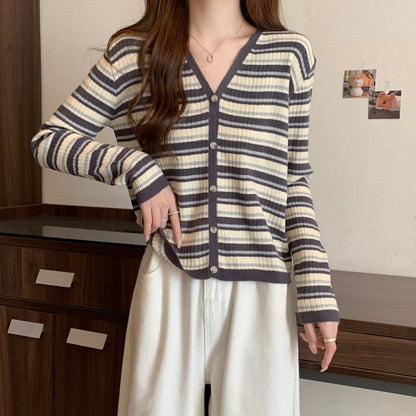 Long Sleeve Color Block Striped V-Neck Cardigan
