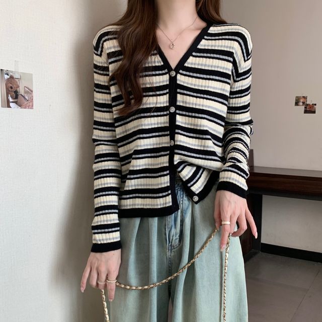 Long Sleeve Color Block Striped V-Neck Cardigan