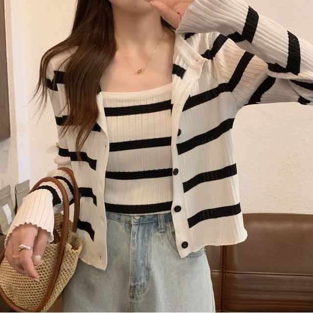 Striped Ribbed Knit Camisole & Button-Up Cardigan Set
