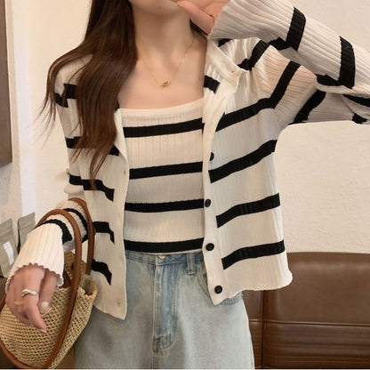 Striped Ribbed Knit Camisole & Button-Up Cardigan Set