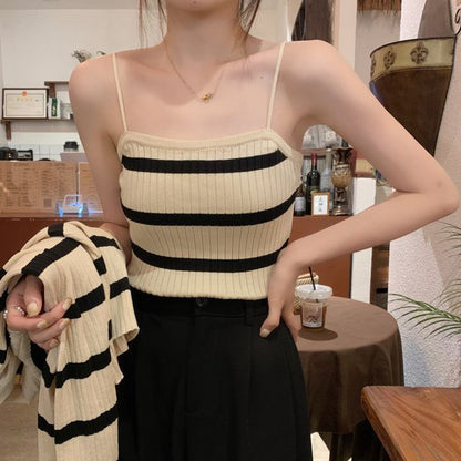 Striped Ribbed Knit Camisole & Button-Up Cardigan Set