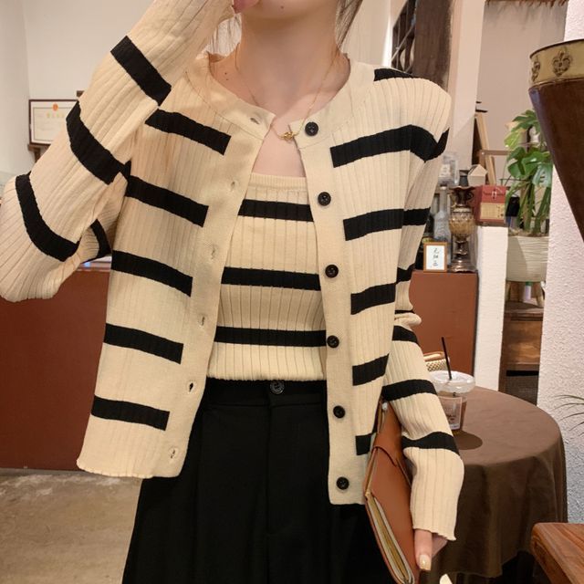 Striped Ribbed Knit Camisole & Button-Up Cardigan Set