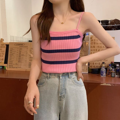 Striped Ribbed Knit Camisole & Button-Up Cardigan Set