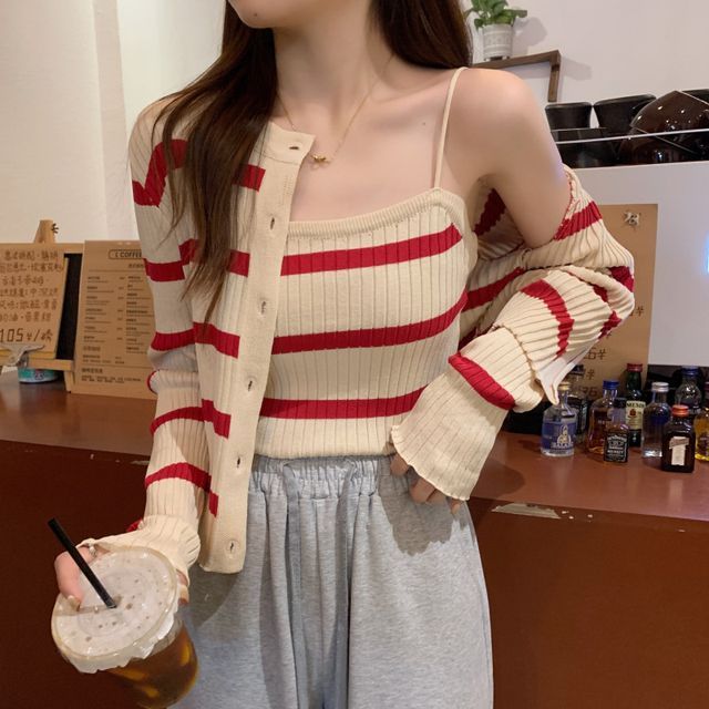 Striped Ribbed Knit Camisole & Button-Up Cardigan Set