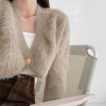 Fluffy V-Neck Button-Up Crop Cardigan