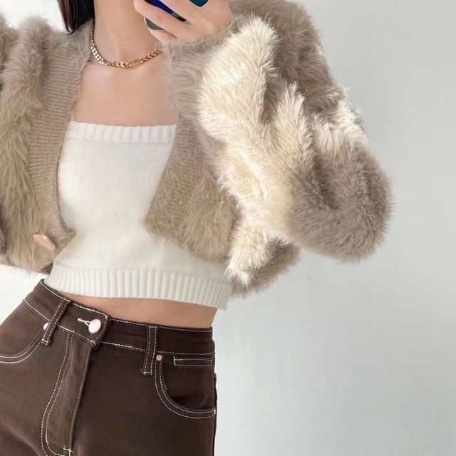 Fluffy V-Neck Button-Up Crop Cardigan