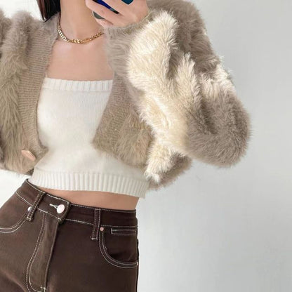 Fluffy V-Neck Button-Up Crop Cardigan