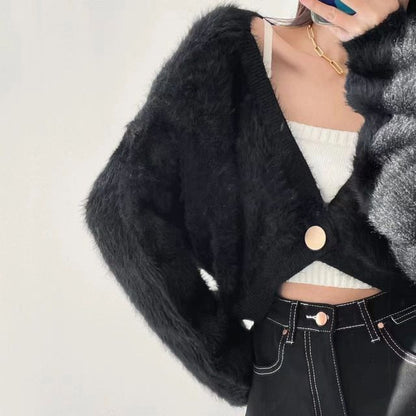Fluffy V-Neck Button-Up Crop Cardigan