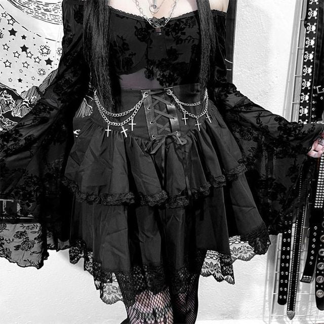Layered Lace Mini A-Line Skirt with High-Waist Design