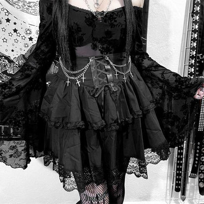 Layered Lace Mini A-Line Skirt with High-Waist Design