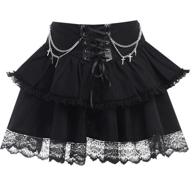 Layered Lace Mini A-Line Skirt with High-Waist Design
