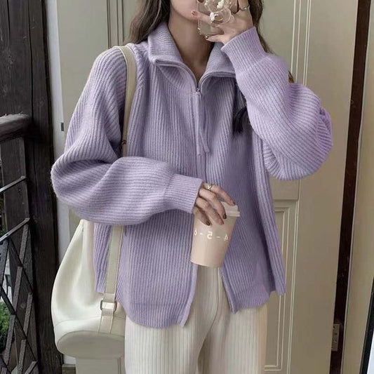 Stand Collar Ribbed Zip Cardigan