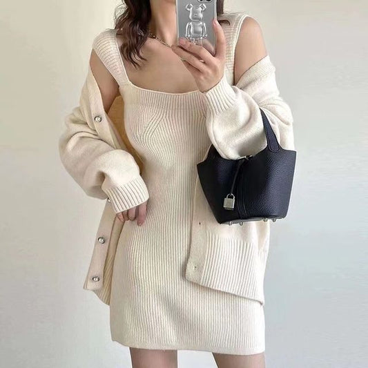 Square Neck Sheath Dress & Pearl Button Cardigan Set