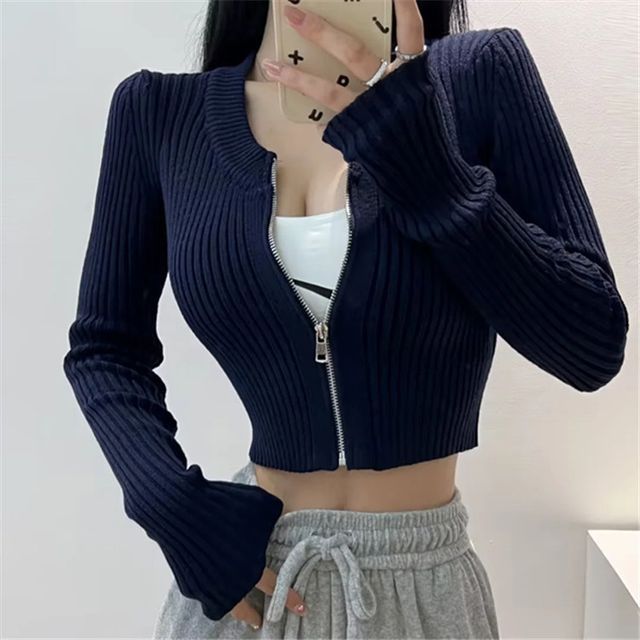 Crop Ribbed Zip-Up Cardigan Long Sleeve