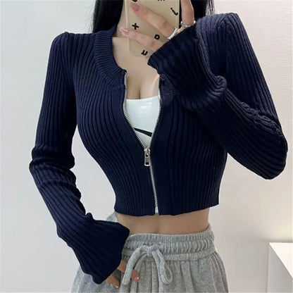Crop Ribbed Zip-Up Cardigan Long Sleeve
