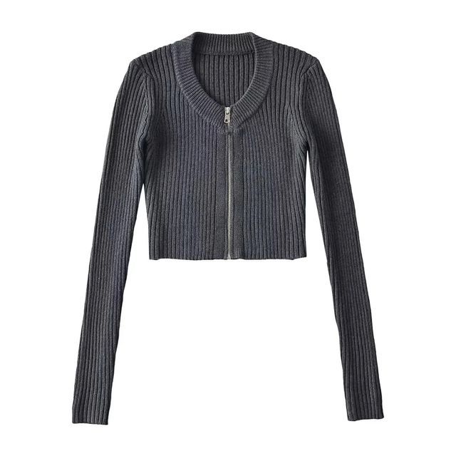 Crop Ribbed Zip-Up Cardigan Long Sleeve