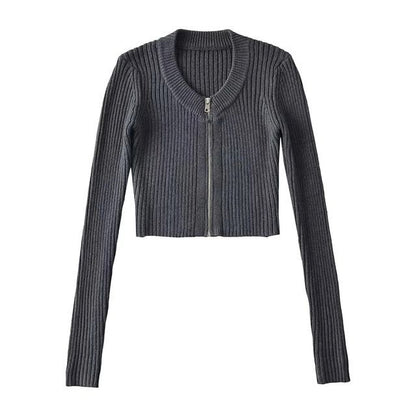 Crop Ribbed Zip-Up Cardigan Long Sleeve