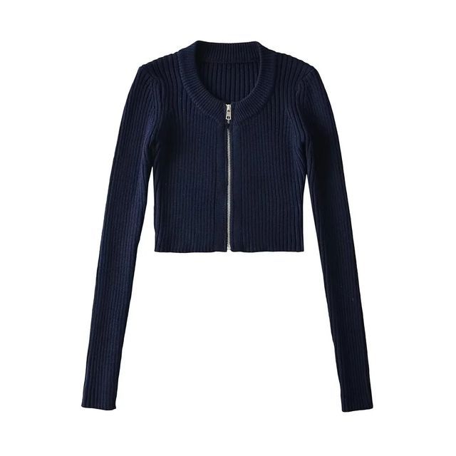 Crop Ribbed Zip-Up Cardigan Long Sleeve