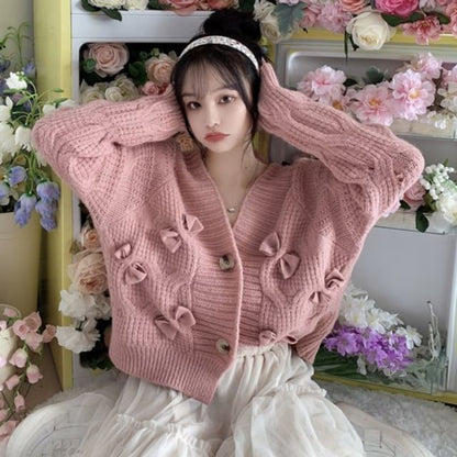 V-Neck Bow Button-Up Cardigan
