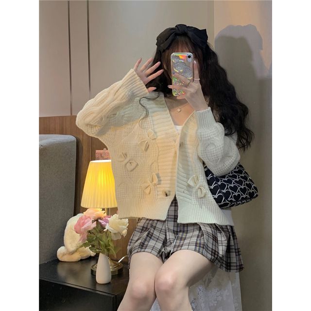 V-Neck Bow Button-Up Cardigan