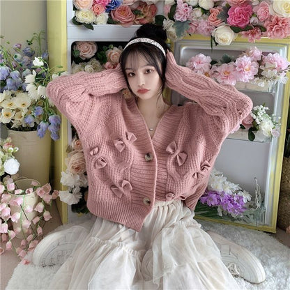 V-Neck Bow Button-Up Cardigan