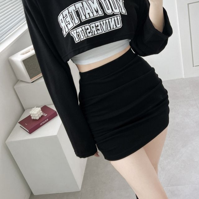 High-Rise Ruched Mini Pencil Skirt in Solid Fabric