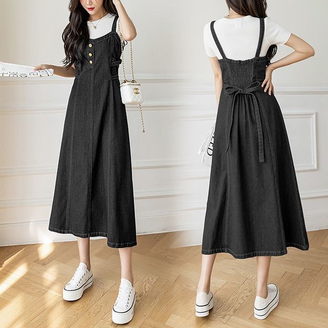 Thin Strap Denim Overall Midi A-Line Dress