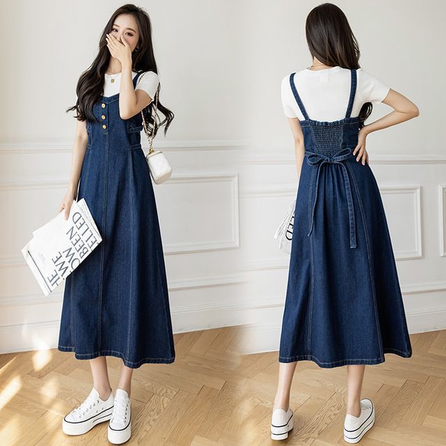 Thin Strap Denim Overall Midi A-Line Dress