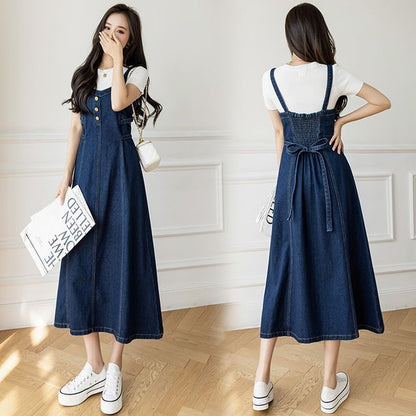 Thin Strap Denim Overall Midi A-Line Dress
