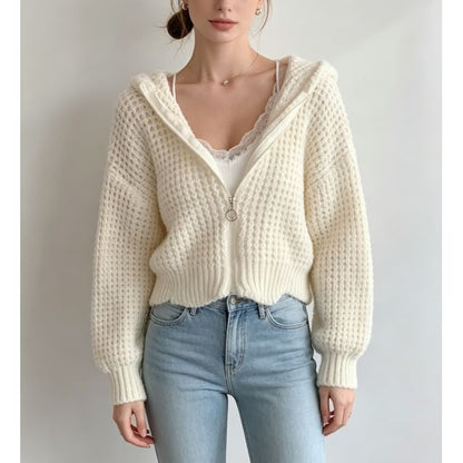 Hooded Zip-Up Crochet Cardigan Long Sleeve