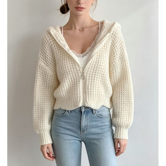 Hooded Zip-Up Crochet Cardigan Long Sleeve