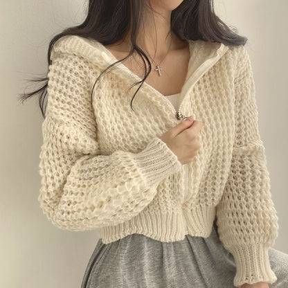 Hooded Zip-Up Crochet Cardigan Long Sleeve