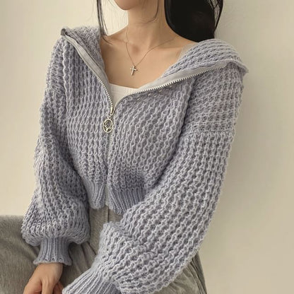 Hooded Zip-Up Crochet Cardigan Long Sleeve