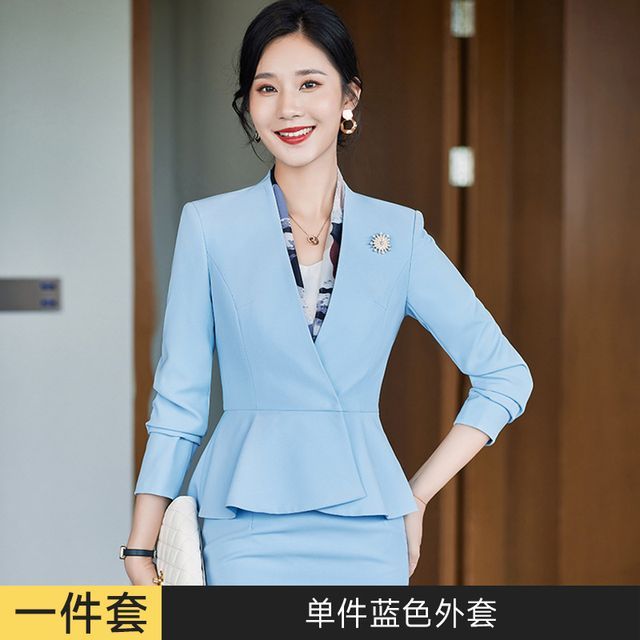 V-Neck Single-Button Blazer with Straight-Leg Trousers and Pencil Skirt Ensemble