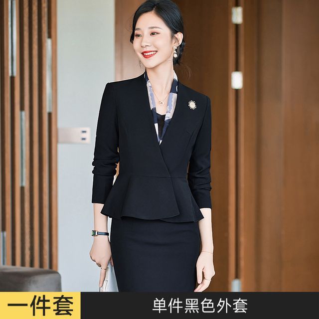V-Neck Single-Button Blazer with Straight-Leg Trousers and Pencil Skirt Ensemble