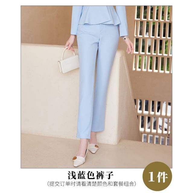 Collarless Single-Breasted Blazer with Dress Pants and Pencil Skirt Set