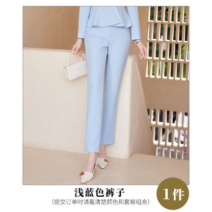 Collarless Single-Breasted Blazer with Dress Pants and Pencil Skirt Set