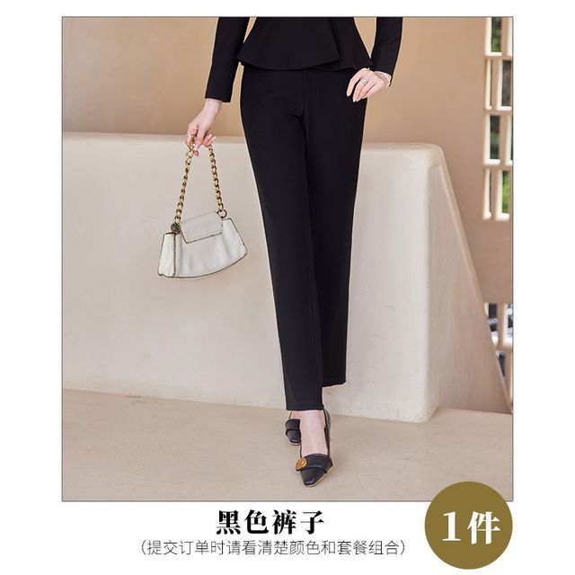 Collarless Single-Breasted Blazer with Dress Pants and Pencil Skirt Set