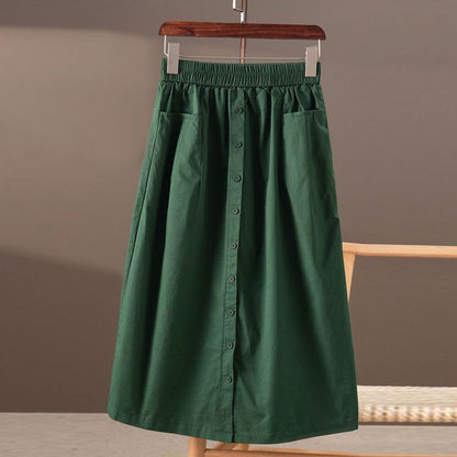 Stretch-Waist Buttoned A-Line Midi Skirt with Clean Lines