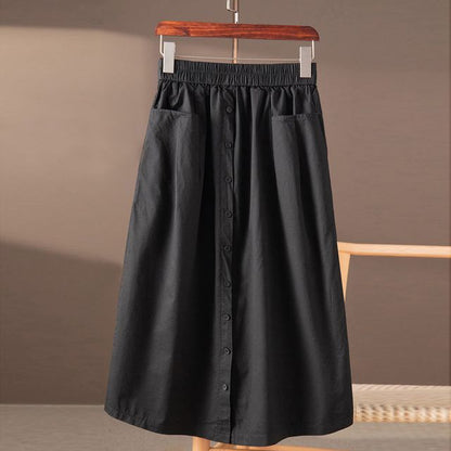 Stretch-Waist Buttoned A-Line Midi Skirt with Clean Lines