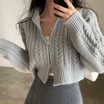 Cable-Knit Zip-Up Cardigan Long Sleeve