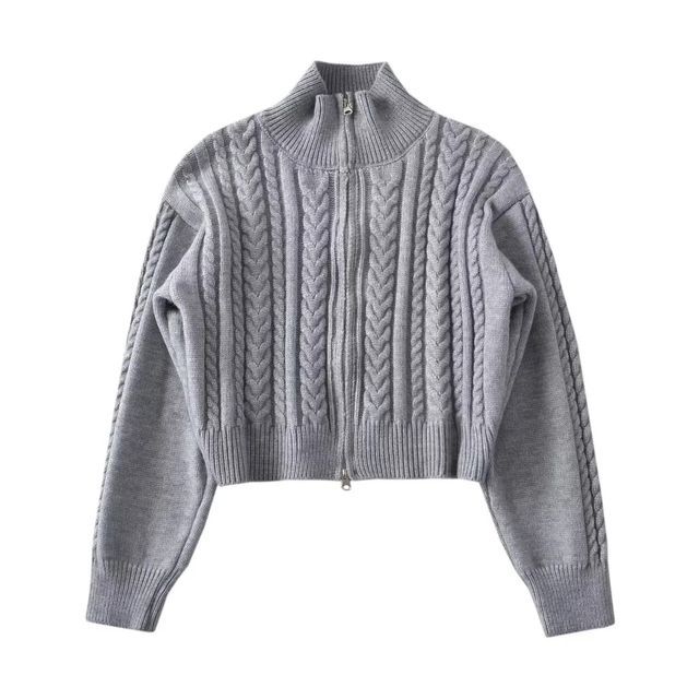 Cable-Knit Zip-Up Cardigan Long Sleeve