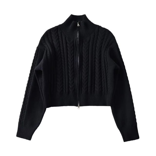 Cable-Knit Zip-Up Cardigan Long Sleeve
