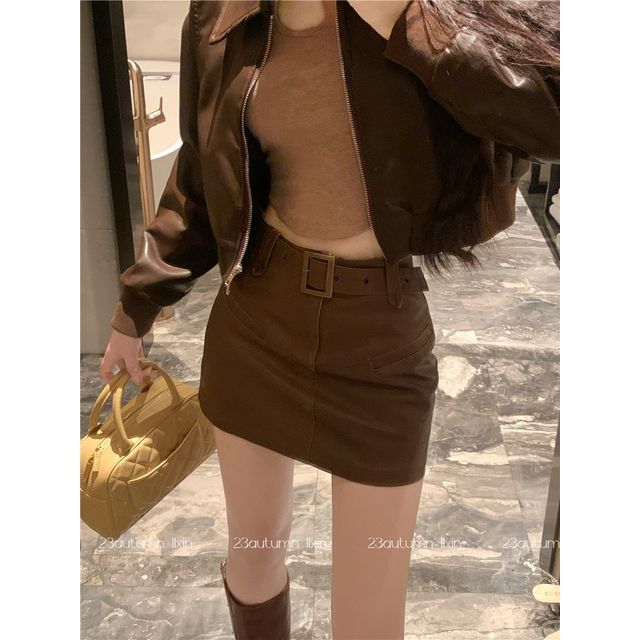 Faux Leather Mini Pencil Skirt with High-Rise Waistband