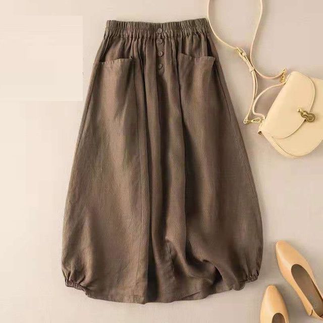 Elastic-Waist A-Line Midi Skirt with Clean Plain Look