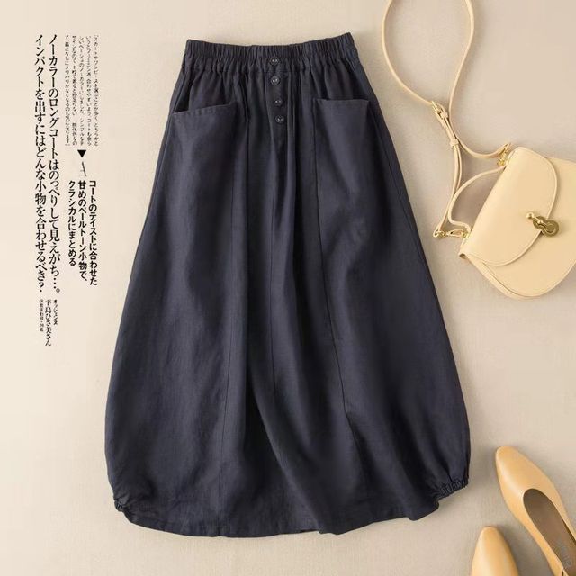 Elastic-Waist A-Line Midi Skirt with Clean Plain Look