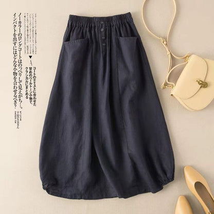 Elastic-Waist A-Line Midi Skirt with Clean Plain Look