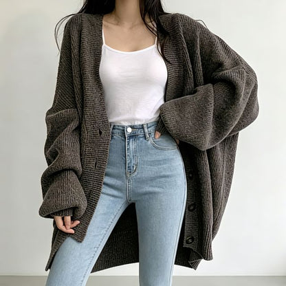 V-Neck Ribbed Oversized Button-Up Cardigan