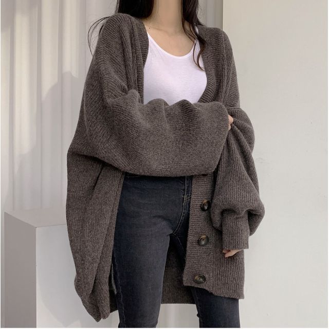 V-Neck Ribbed Oversized Button-Up Cardigan